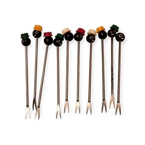 Vintage Midcentury Black Americana Colorful Cocktail Forks Set Faces With Hats